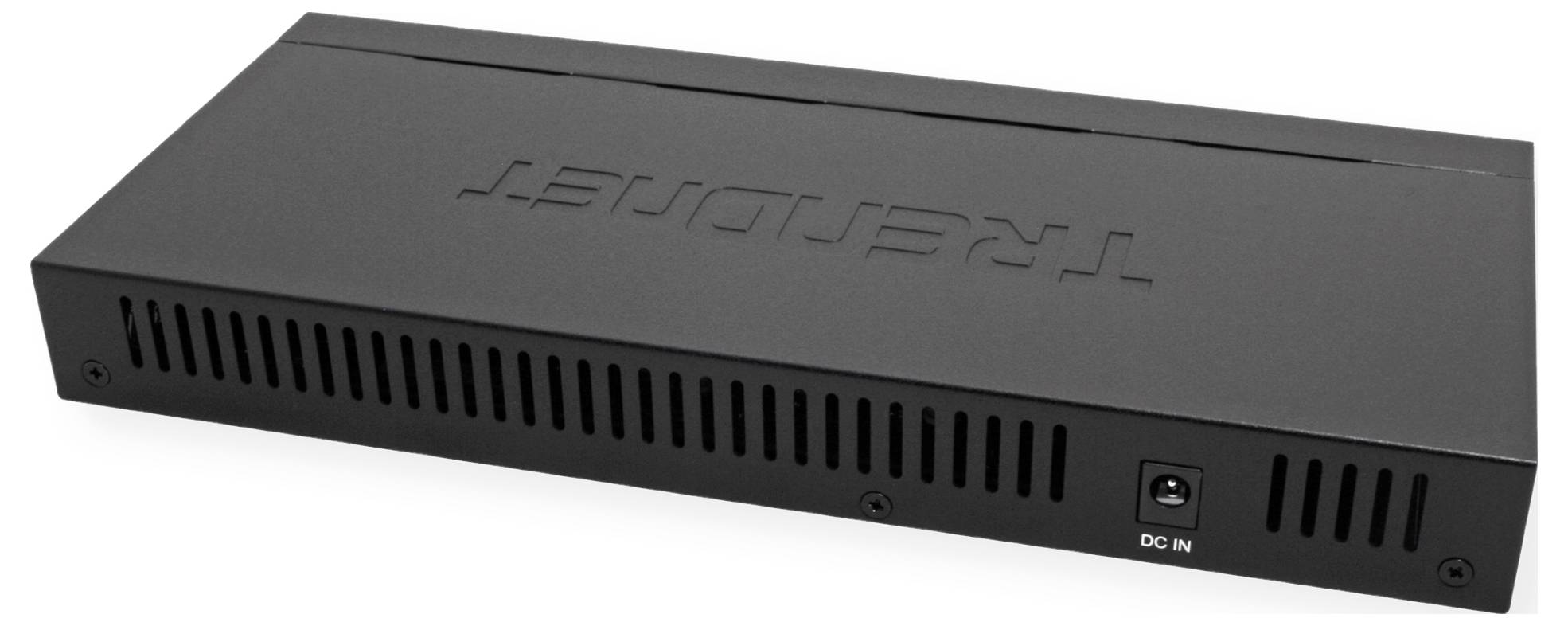 Čierny sieťový switch so vetracími otvormi a 'DC IN' konektorom na zadnej strane.