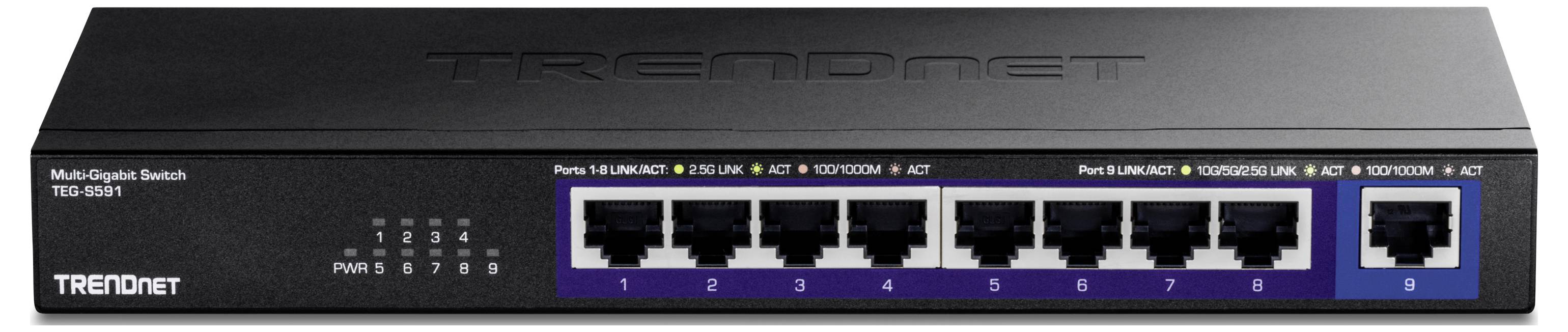 Čierny sieťový switch s ôsmimi ethernetovými portami, označenými od 0 do 7. Vľavo sa nachádzajú stavové indikátory pre každý port.