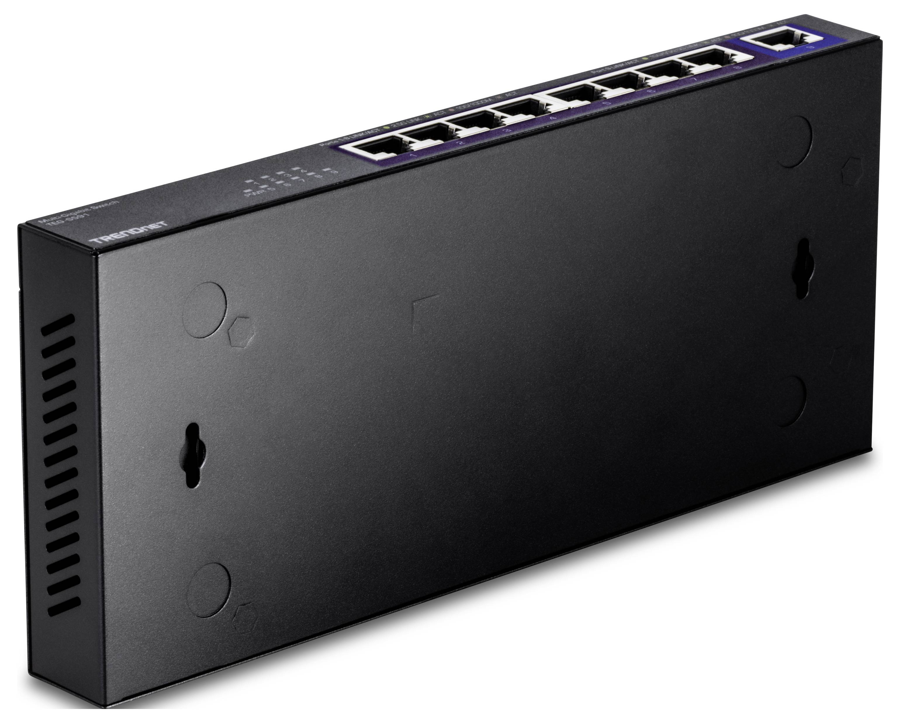 Čierny sieťový switch s ôsmimi ethernetovými portami, vhodný na inštaláciu na stenu. Ideálny pre domáce alebo kancelárske sieťové prepojenia.