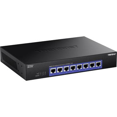 Čierny ethernetový switch značky TRENDnet s ôsmimi sieťovými portami.
