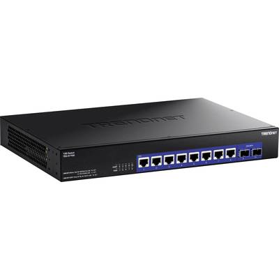 Čierny sieťový switch s ôsmimi ethernetovými portami a dvoma ďalšími prípojkami. Značka 'TRENDnet' viditeľná na hornej strane.