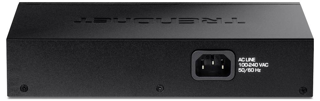 Čierne sieťové zariadenie s napájacou zásuvkou pre 100-240 VAC, 50/60 Hz, pohľad zozadu.