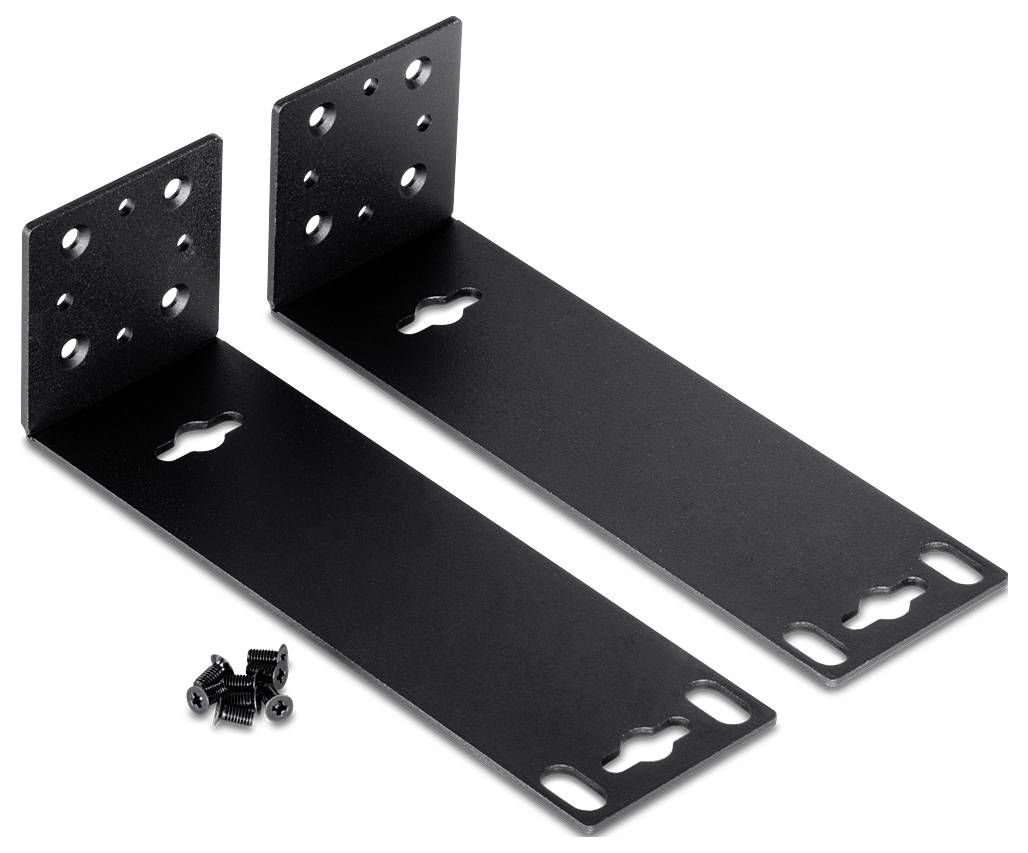 Dve čierne kovové konzoly s montážnymi otvormi, vedľa nich ležia čierne skrutky. Slúžia na inštaláciu zariadení alebo políc.