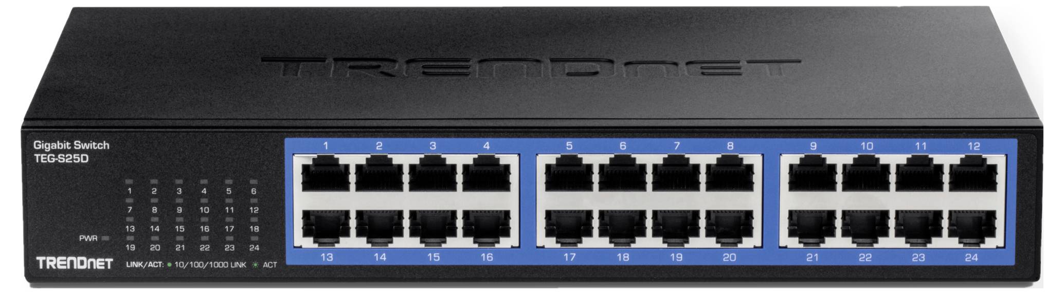 Čierny gigabitový switch so 16 ethernetovými portami na prednej strane a nápisom 'TRENDnet' hore.