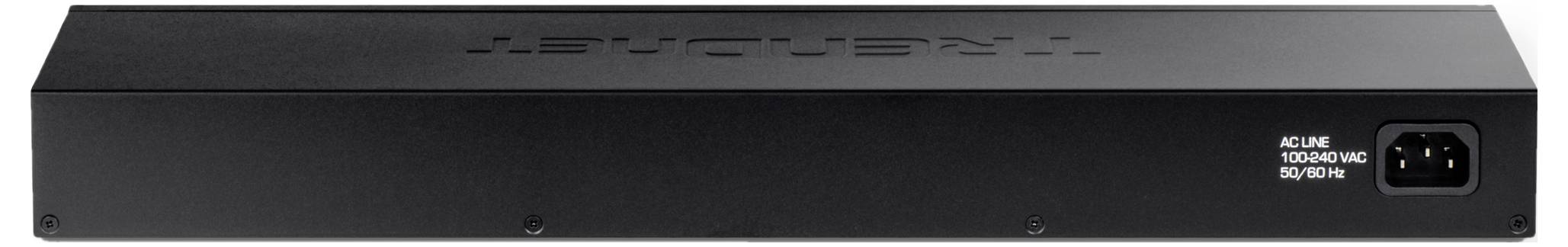 Čierne elektronické zariadenie s nápisom 'Technické údaje 100-240V' na pravej strane, pohľad zozadu.