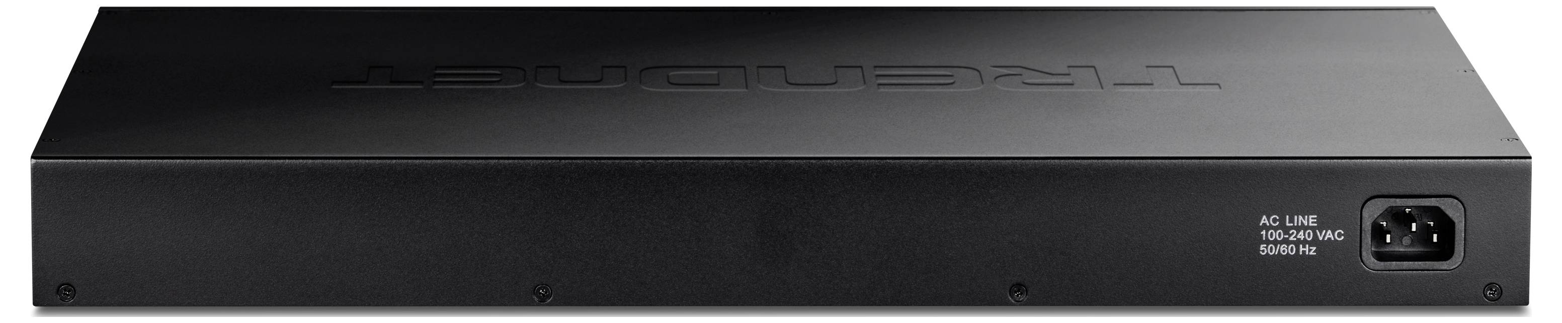 Čierne elektronické zariadenie obdĺžnikového tvaru, na vrchu označené nápisom 'TRENDnet'. Na zadnej strane: napájací konektor pre 100-240V.