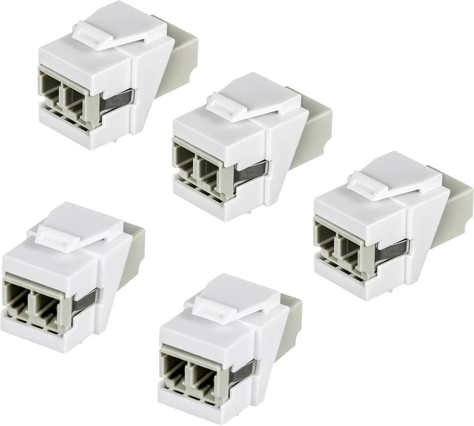 Päť identických bielych sieťových konektorov v štvorcovom tvare, zobrazených ako zásuvné moduly, uložených vedľa seba.