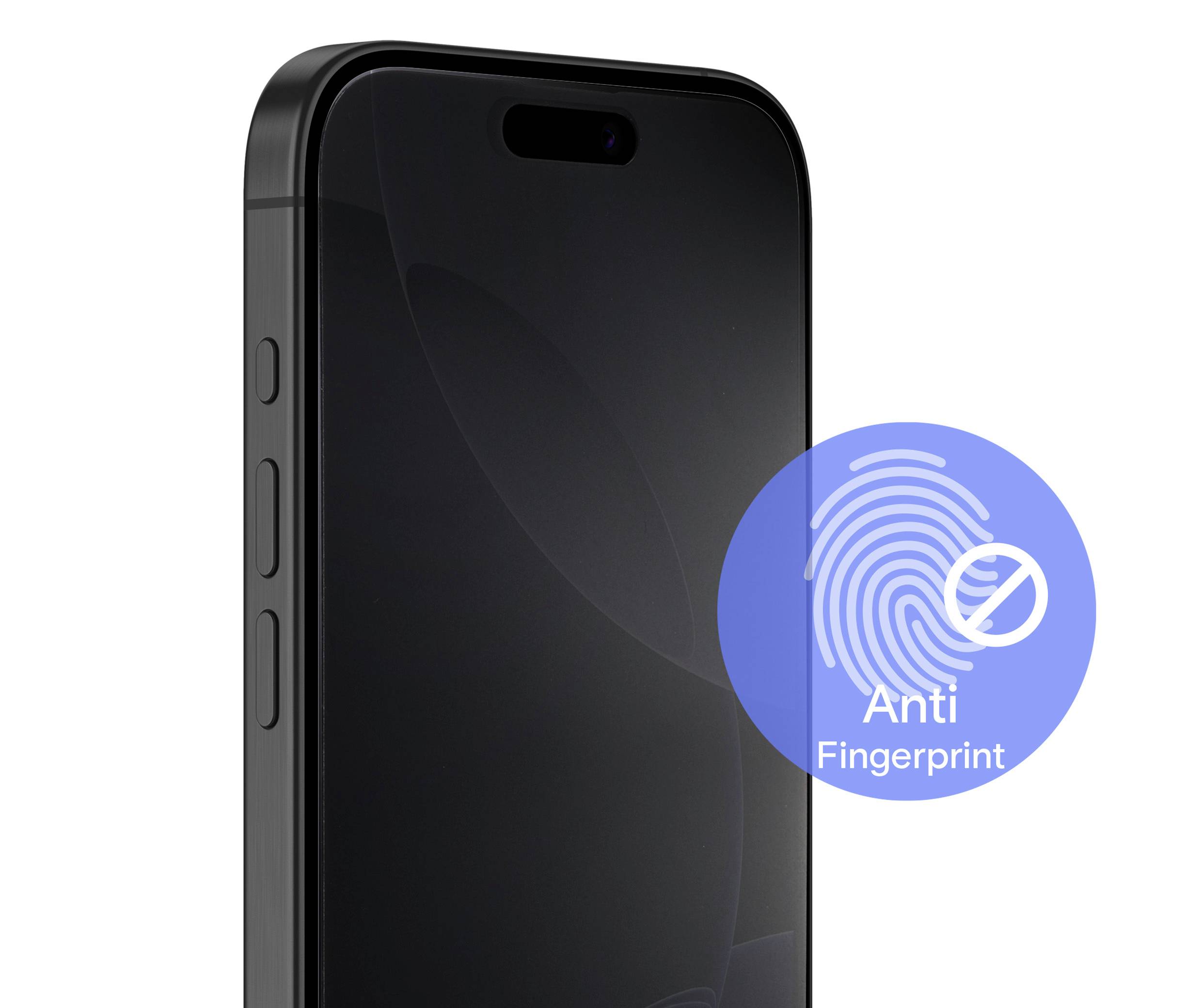 Čierny smartfón s modrým symbolom 'Anti Fingerprint', ktorý poukazuje na ochranu proti odtlačkom prstov.