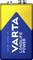 Batéria s modro-žltým dizajnom, nápis 'Varta Longlife Power', typ Alkaline, 9V.