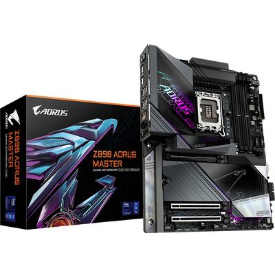 Základná doska 'Z690 AORUS MASTER' vedľa obalu. Herná základná doska s početnými konektormi a dizajnom RGB.