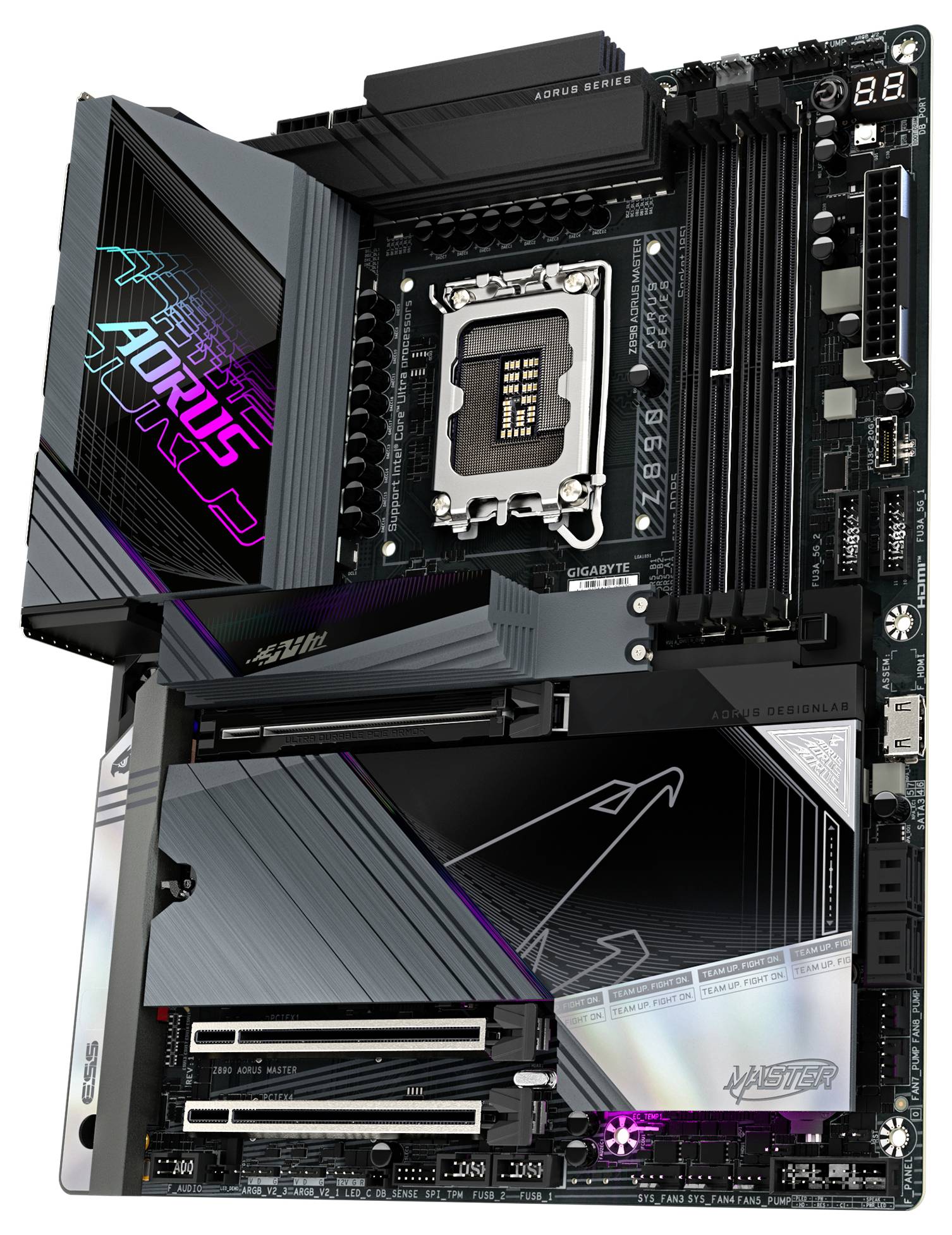 Základná doska s Intel socketom, viacerými slotmi pre RAM a PCIe slotmi. Viditeľné je RGB podsvietenie a logo značky.