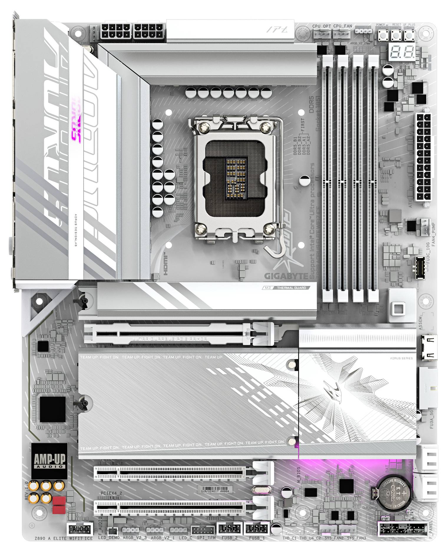 Biele počítačové základné dosky od výrobcu 'Gigabyte' s viacerými PCIe slotmi, pamäťovými slotmi RAM, soketom pre procesor a striebornými chladičmi.