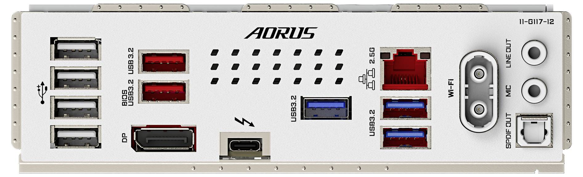 Zadná strana počítačovej základnej dosky s rôznymi konektormi: USB, sieťový, audio, HDMI, DisplayPort a Thunderbolt.