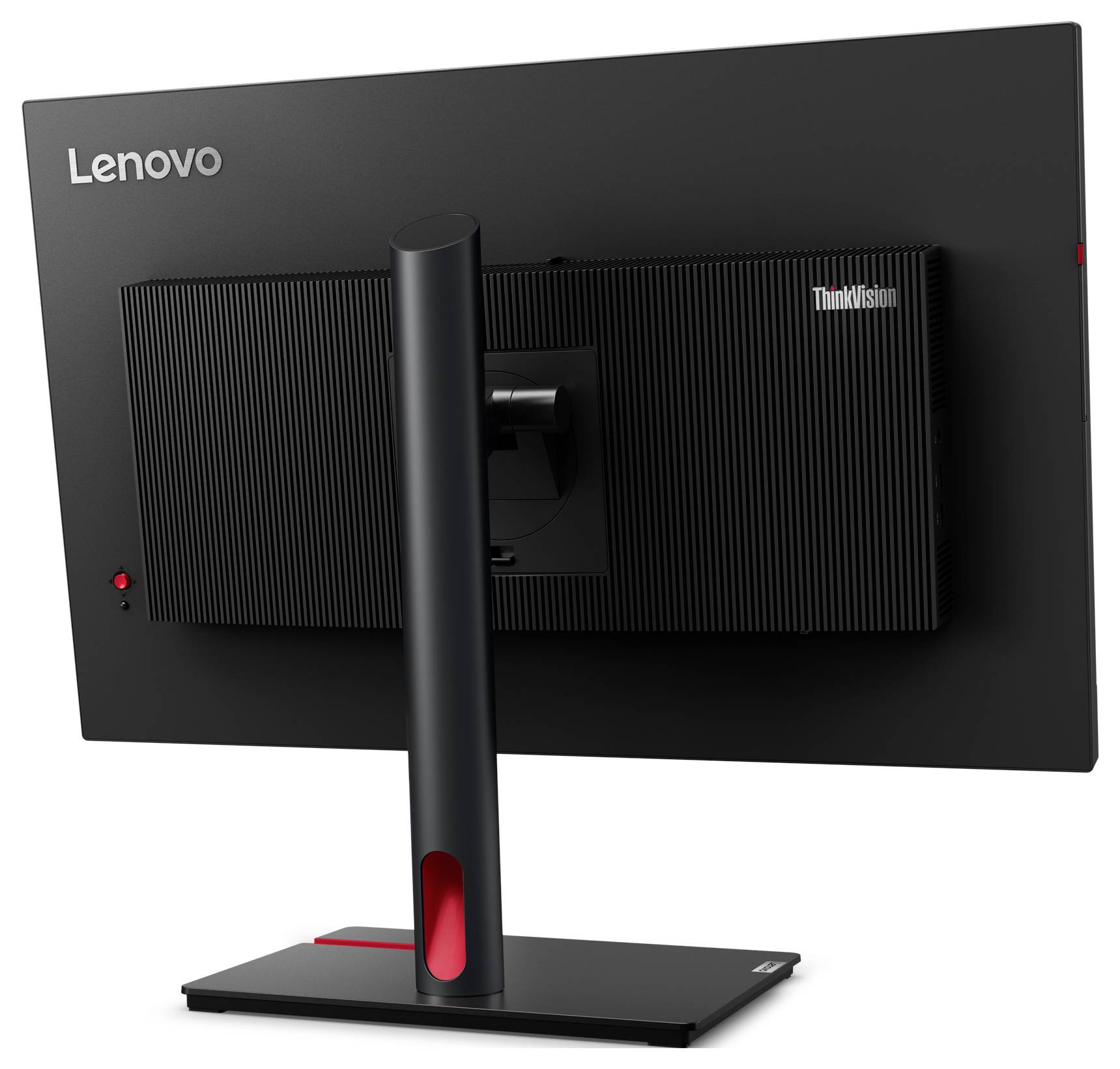 Monitor Lenovo ThinkVision pohľadený zozadu so stojanom a systémom správy káblov, ktorý ukazuje jednoduché, moderné dizajnové prevedenie a štíhlu konštrukciu.