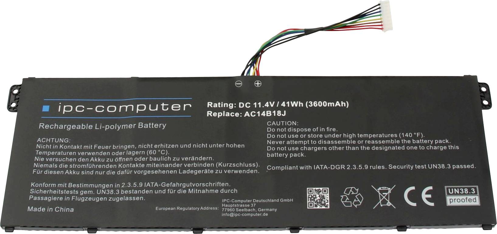 Lítiovo-polymérová batéria pre notebooky so špecifikáciami: 11,4V, 41Wh, 3600mAh. Výstražné upozornenia týkajúce sa likvidácie a teploty. Vyrobené v Číne.
