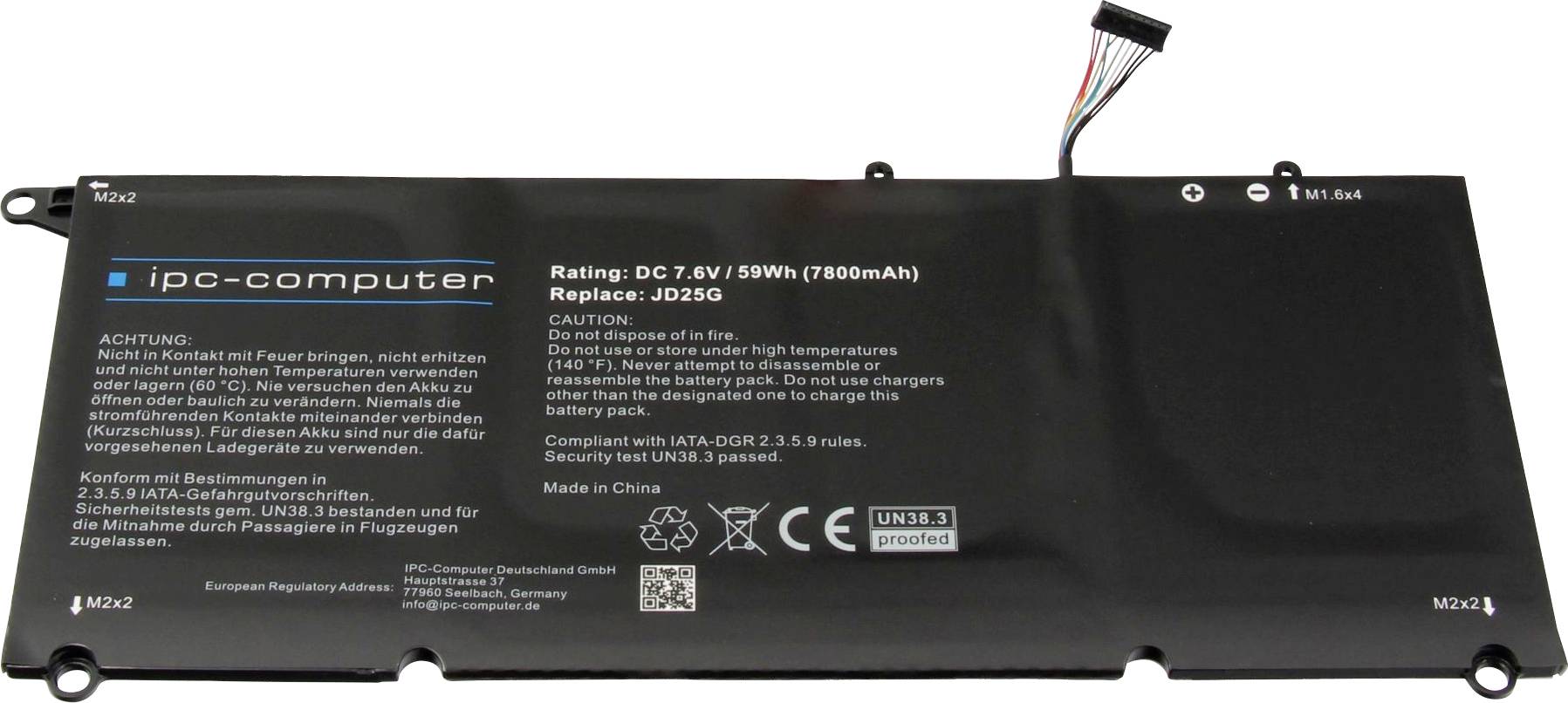 Laptop batéria s nápisom 'ipc-computer'. Technické údaje: 7,6V, 59Wh, 7800mAh, nahrádza JD36G. Výstražné upozornenia v nemčine a angličtine. Vyrobené v Číne.