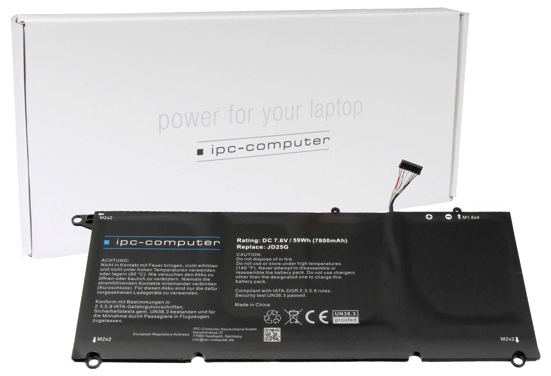 Batéria pre notebook od ipc-computer, 7,6V, 59Wh, 7800mAh. V pozadí je obal s nápisom 'napájanie pre váš notebook'.