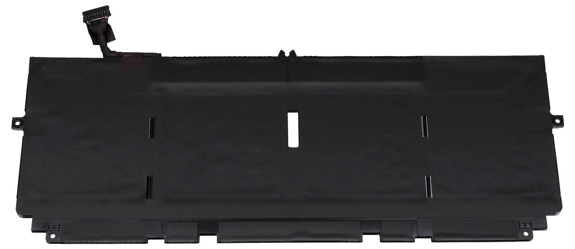 Čierny laptop batériu s pripojovacou zástrčkou v ľavom hornom rohu, obdĺžnikový tvar, bez viditeľných značkových označení.