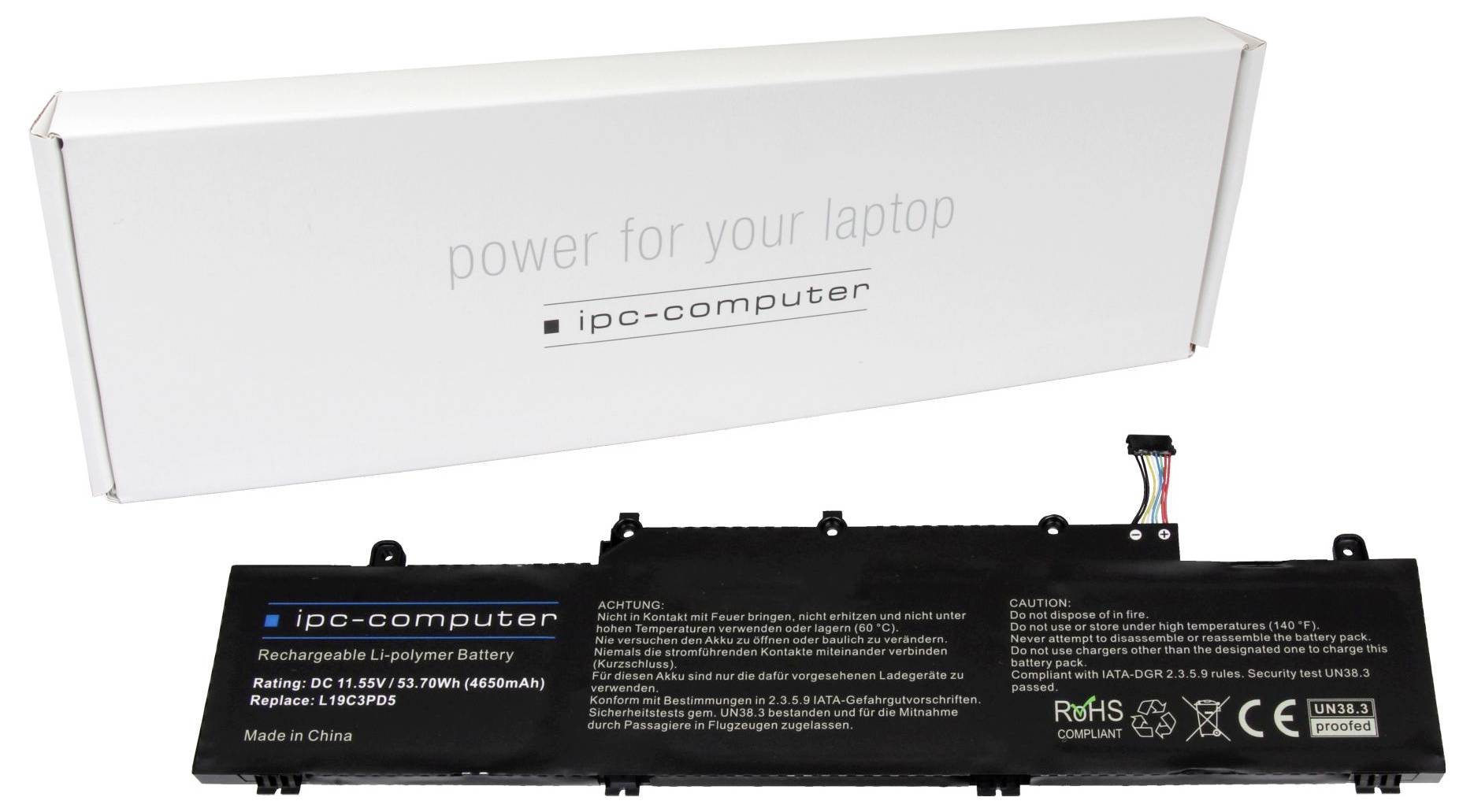 Akumulátor pre notebook 'ipc-computer', model B-IPC03. Li-Polymérový, 15,9V, 65Wh, 4550mAh, v čiernom dizajne pred bielym obalom s logom.