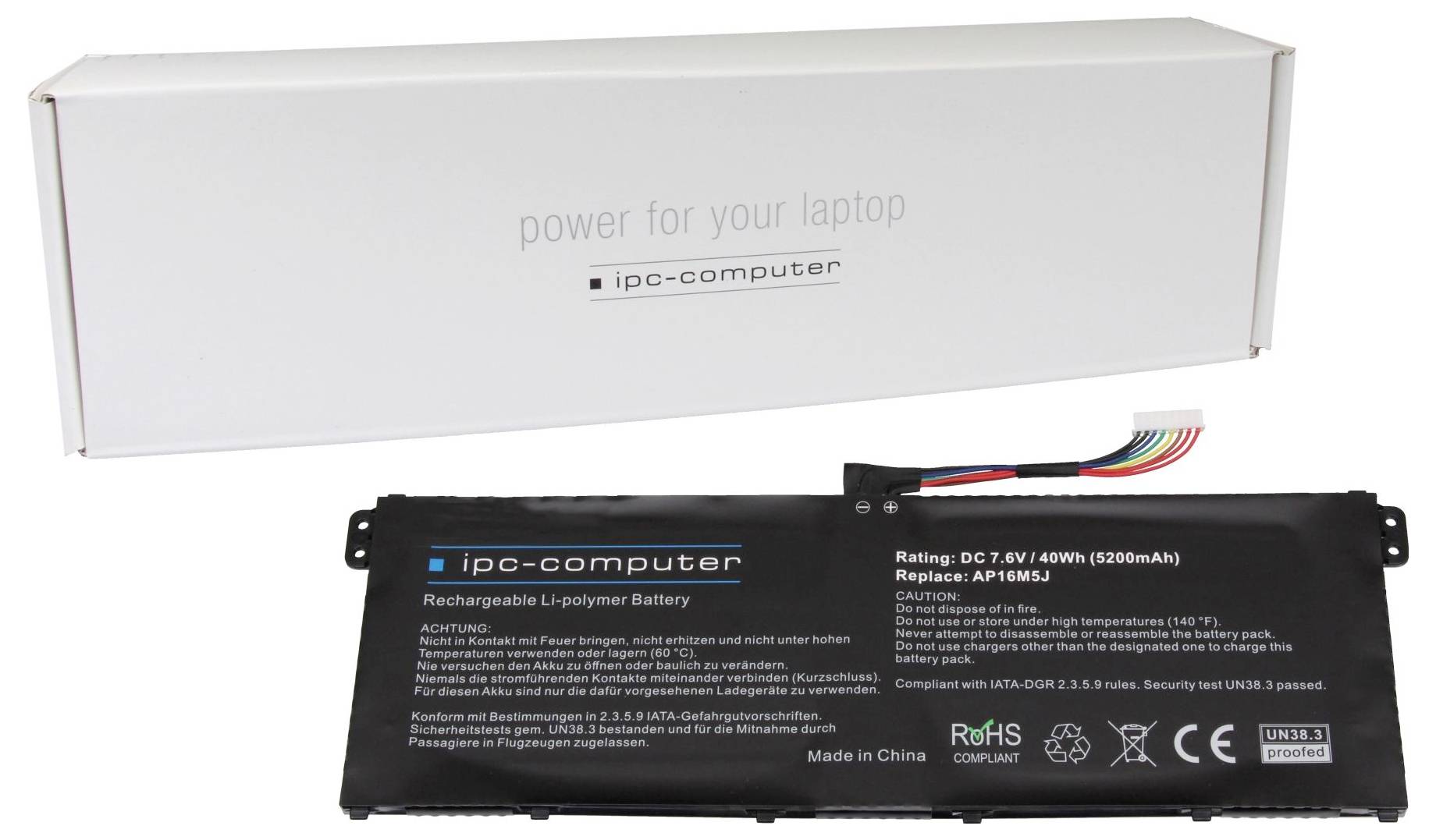 Plochá, čierna batéria do notebooku od 'ipc-computer' s kapacitou 5200mAh. Balenie v pozadí s textom 'energia pre váš notebook'.