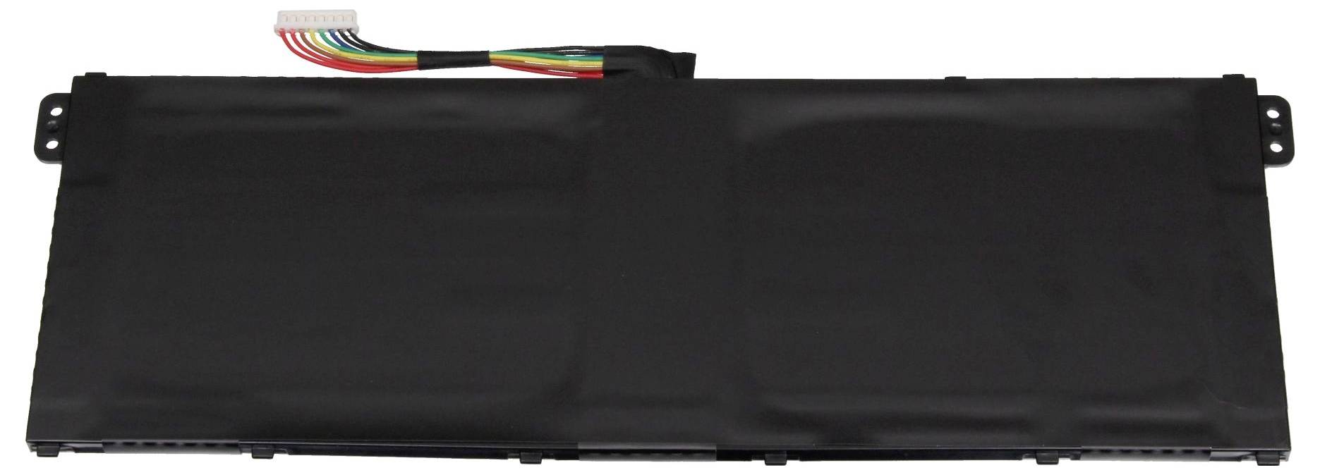 Obdĺžnikový laptop batériu s čiernym povrchom a viacfarebným káblom na hornom okraji slúžiacim na pripojenie k zariadeniu.