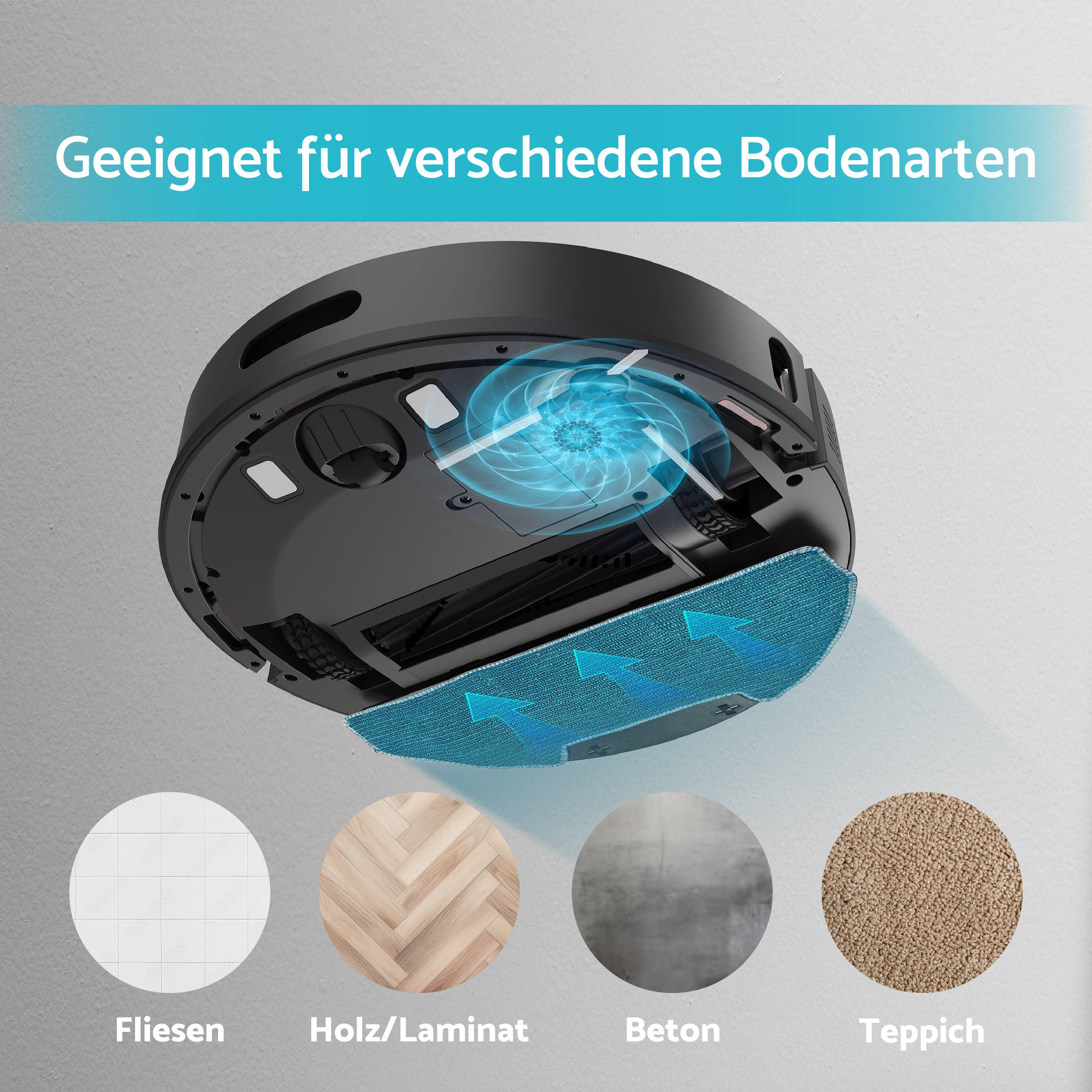 Robotický vysávač vhodný pre rôzne druhy podláh: dlaždice, drevo/laminát, betón, koberec.<br><br>Hore text: Vhodný pre rôzne druhy podláh