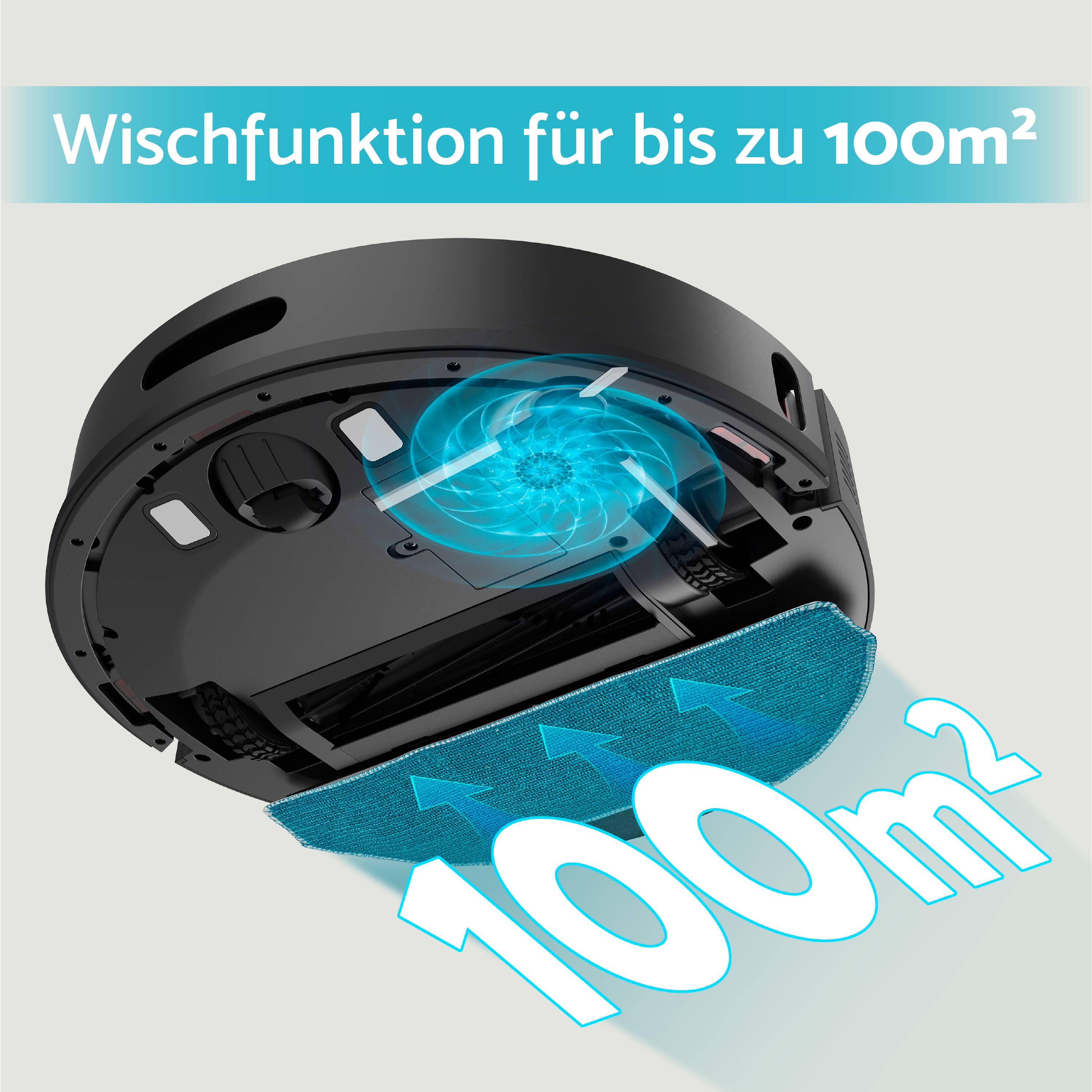 Robotický vysávač ukazuje svoju funkciu mopovanoia pre plochu až 100 m². Šípky vizualizujú pokrytie.