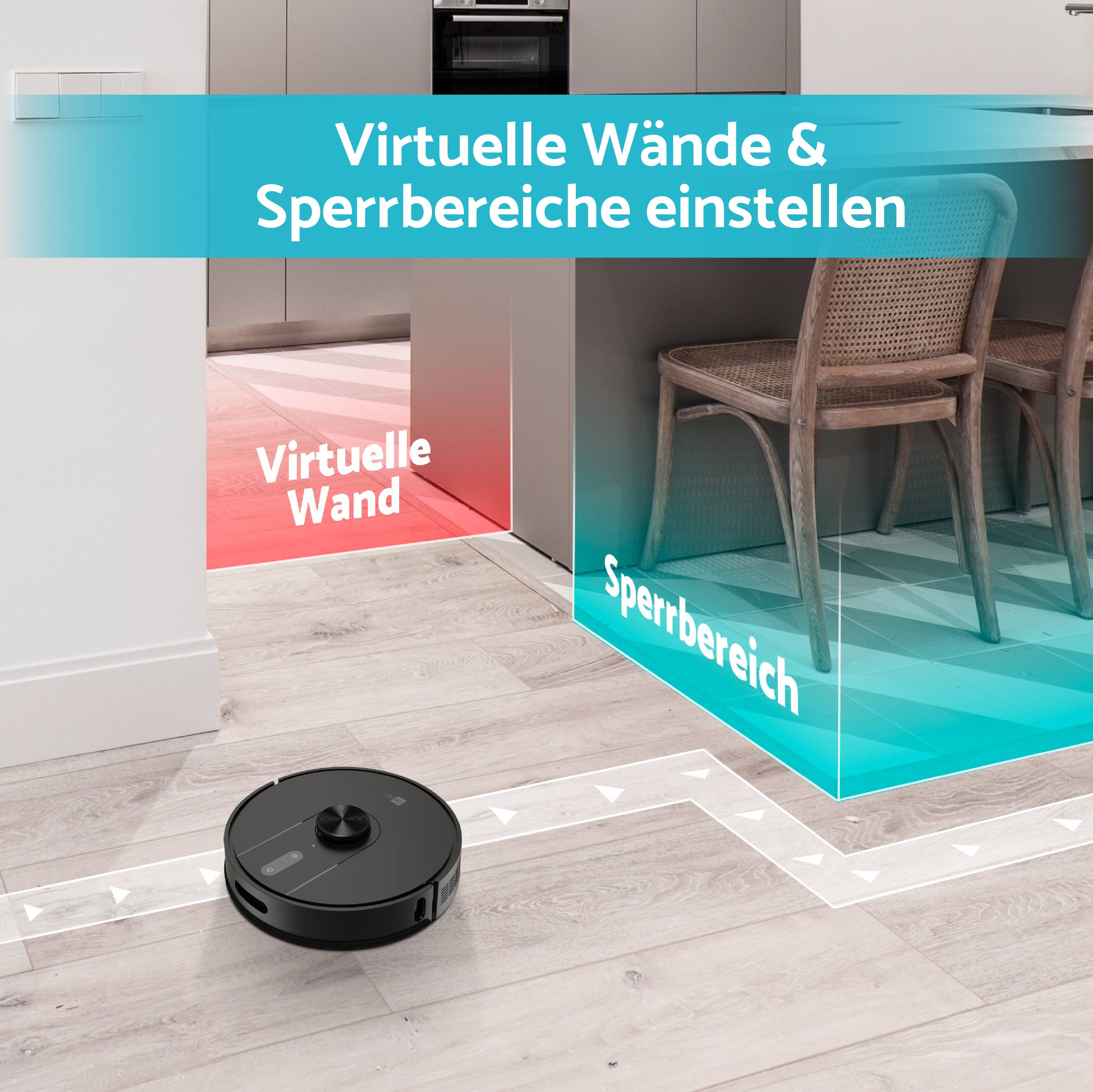 Nastavenie virtuálnych stien ukazuje vysávací robot, ktorého dráha jazdy je obmedzená virtuálnymi stenami a zakázanými zónami.