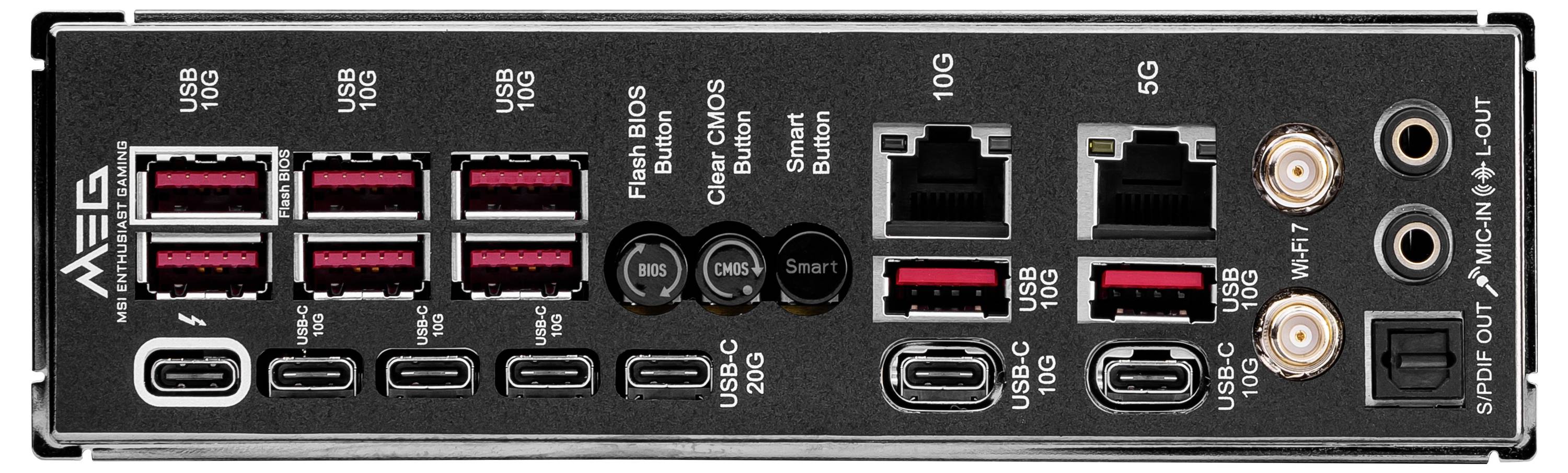 Doska základnej dosky s viacerými USB portami, ethernetovými konektormi, audio výstupmi a tlačidlami pre reset BIOS a flash.