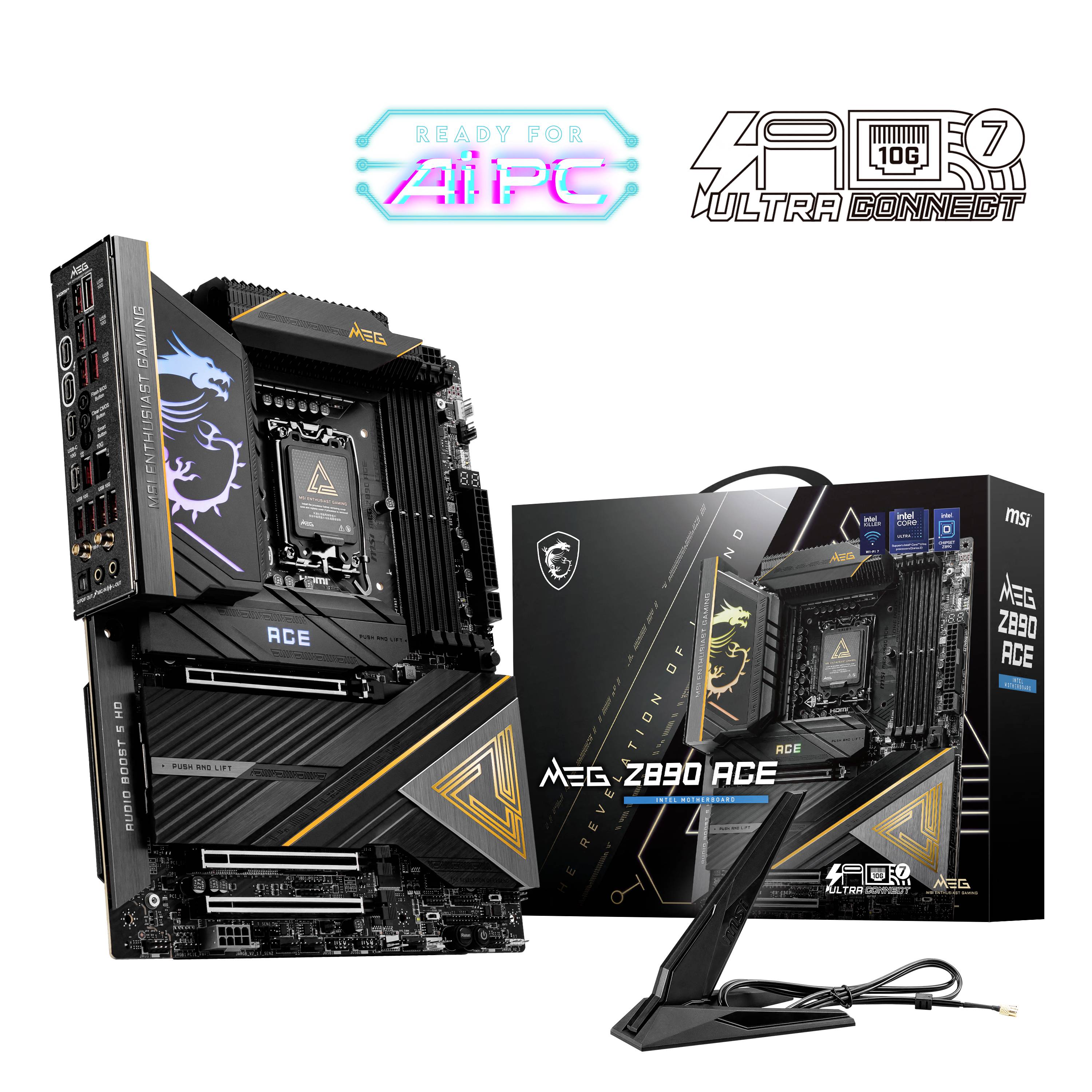 Základná doska MSI MEG Z690 ACE s obalom, zobrazujúca konektory a dizajnové detaily. Zvýraznené texty 'Ready for AI PC' a 'Ultra Connect'.