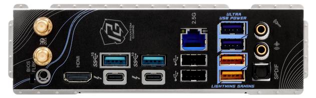 Zadná strana počítačovej základnej dosky s viacerými konektormi vrátane HDMI, USB, Ethernetu a audio konektorov.