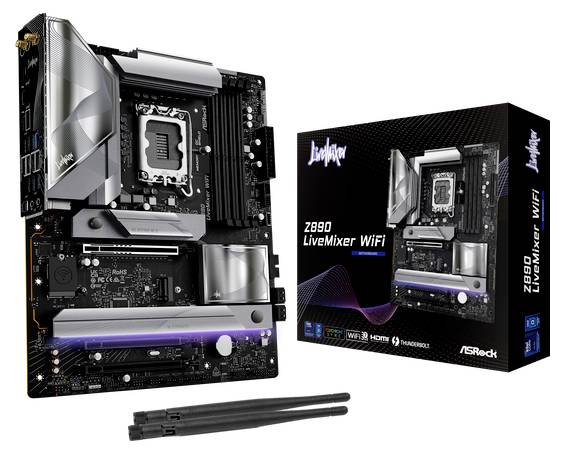 Základná doska 'Z890 LiveMixer WiFi' vedľa obalu, s WiFi anténami. Obsahuje PCIe sloty, banky RAM a CPU socket.