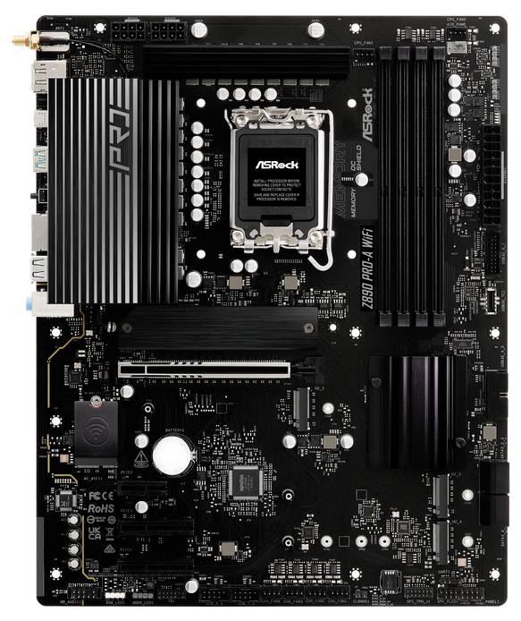 Základná doska s logom ASRock, zobrazujúca CPU socket, sloty RAM a chladiče. Vhodná pre zostavenie alebo opravu počítača.