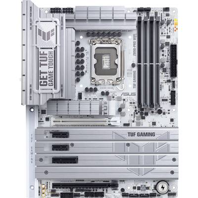 Strieborná základná doska ASUS z hernej série TUF, model Z690, s viacerými slotmi a konektormi, s nápisom 'TUF Gaming'.