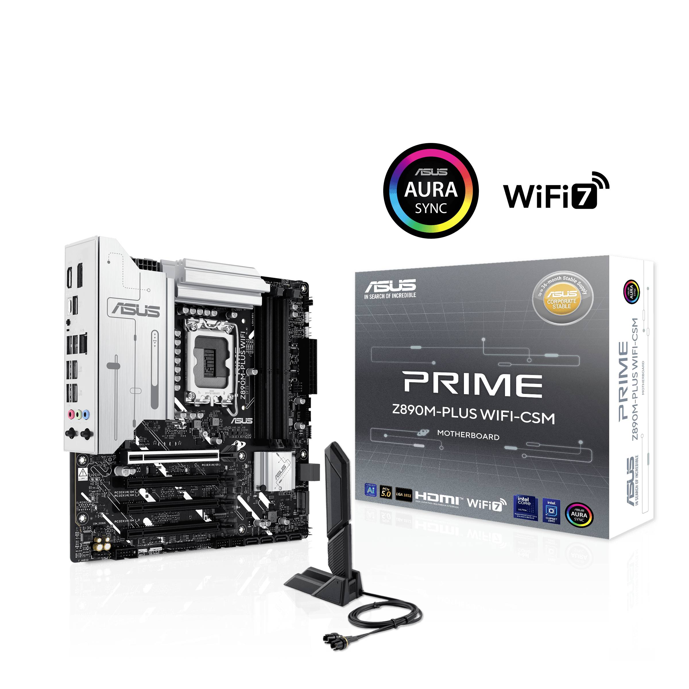Základná doska ASUS Z890M-PLUS WIFI-CSM s technológiou Aura Sync a WiFi 7. Zobrazuje konektory, balenie a anténu.