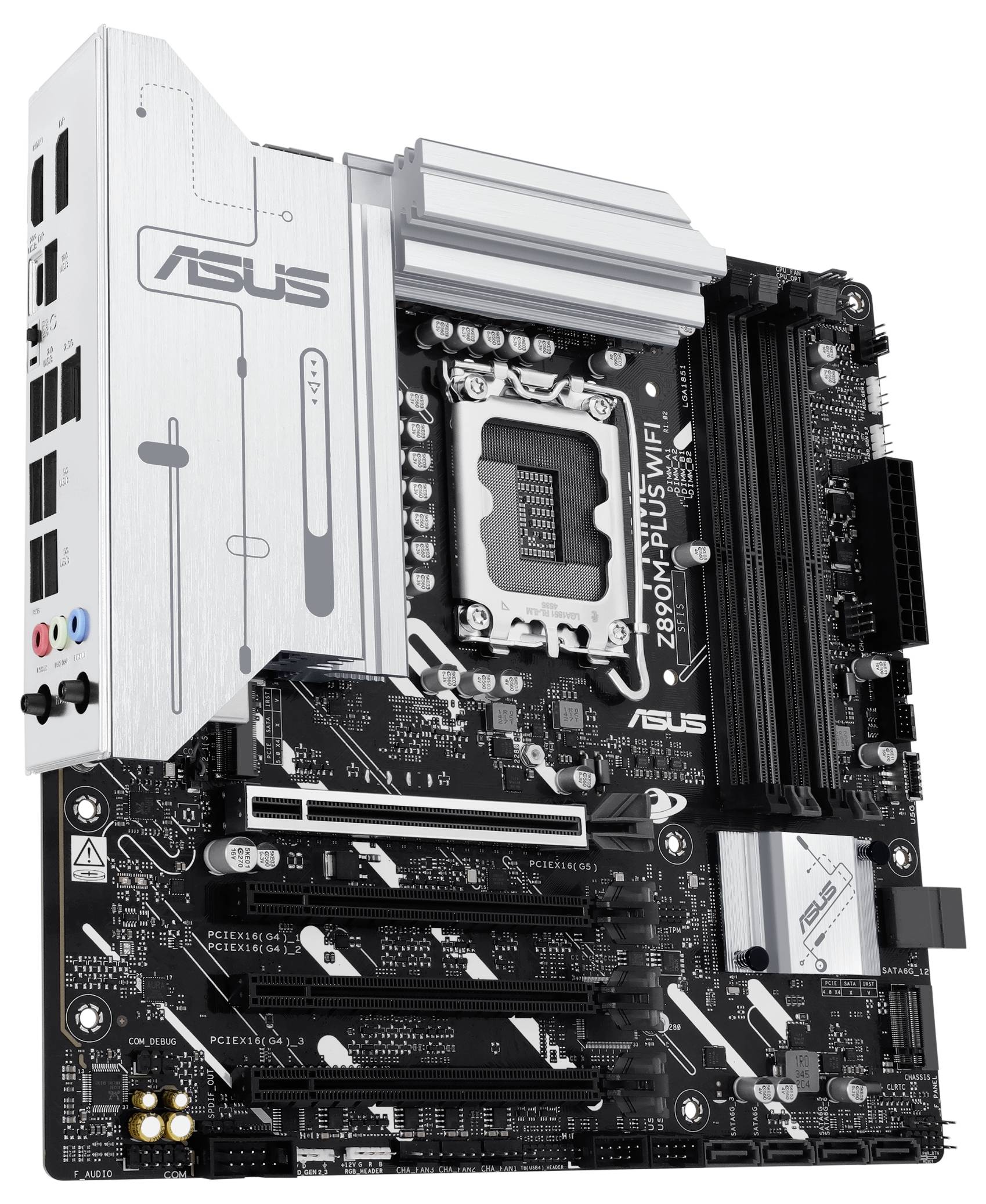 Základná doska Asus Z690-P Plus WiFi s PCIe slotmi, slotmi pre RAM a socketom pre procesor. Podporuje viaceré rozhrania.