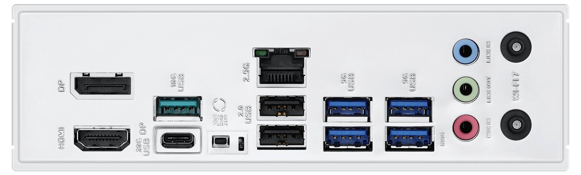 Zadná strana počítačovej základnej dosky s rôznymi konektormi: HDMI, DisplayPort, USB, Ethernet a audio vstupy.