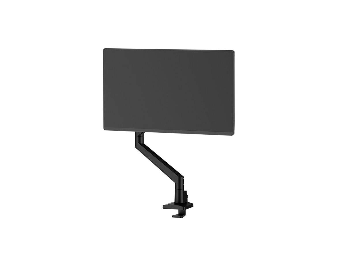 Čierny kovový držiak monitora upevnený na stole drží obdĺžnikový monitor.