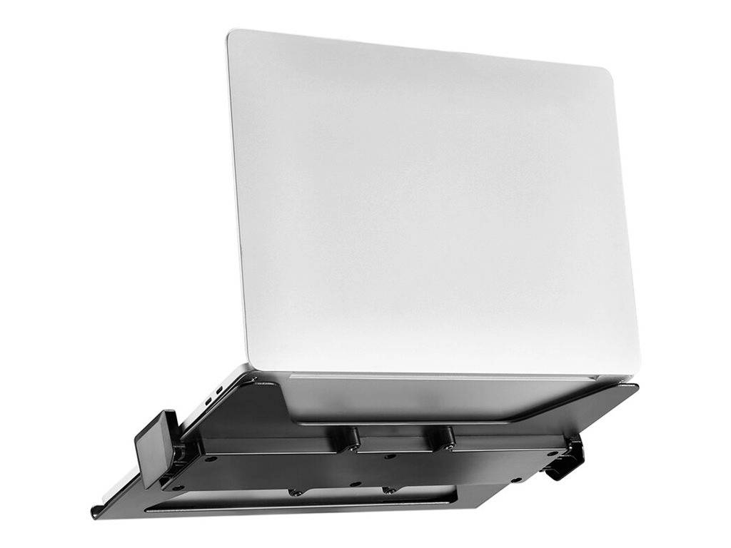 Laptop v čiernom držiaku, ktorý je možné namontovať na stôl, pohľad zdola.