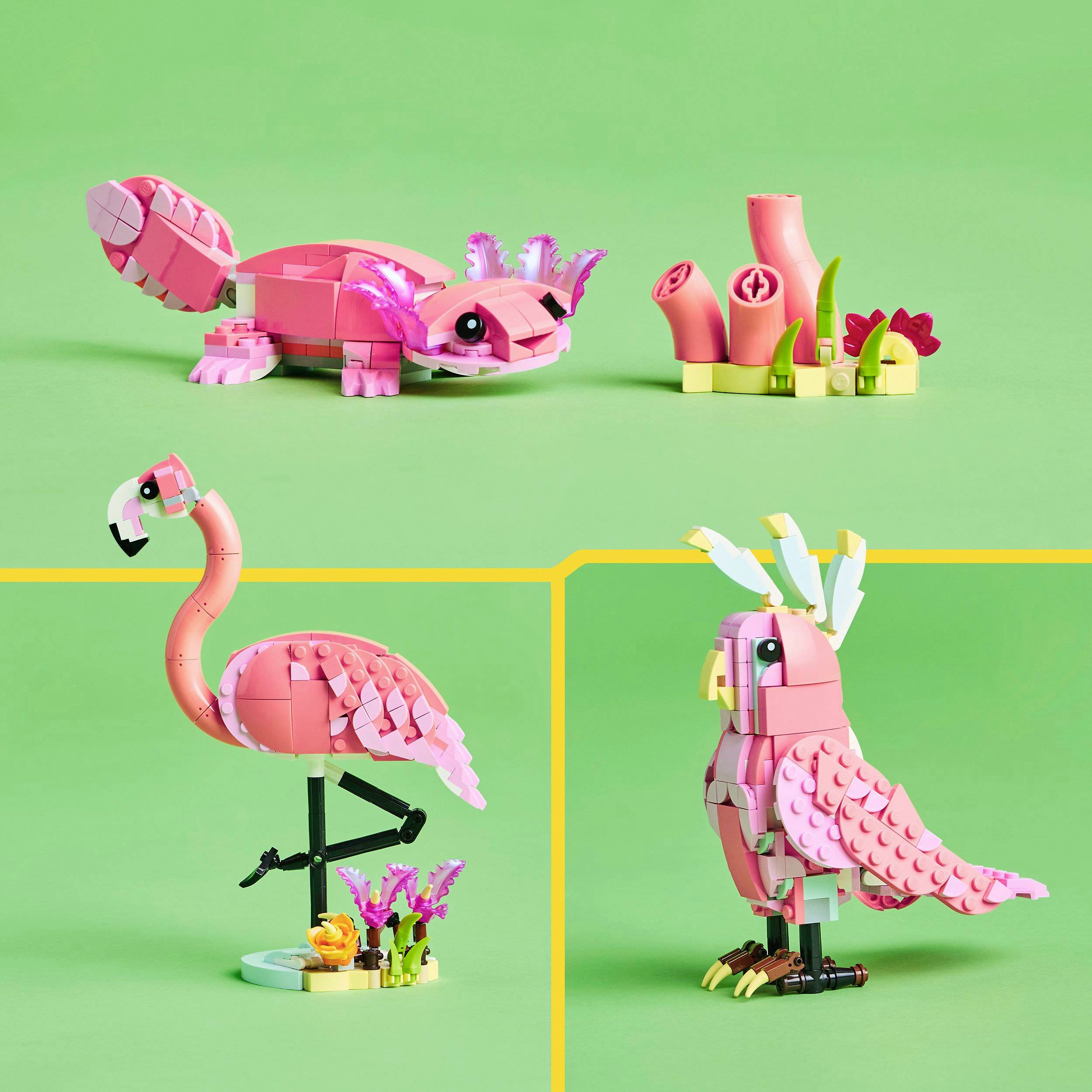Tri LEGO modely zo série "Bájne bytosti": Ružový axolotl, jednorožec s jednou nohou a ružový plameniak.