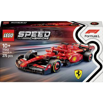 Lego stavebnica modelu Ferrari SF-24 Formuly 1. Obsahuje 275 dielov, odporúčaná pre deti od 10 rokov. Logá Lego, Shell a Ferrari.
