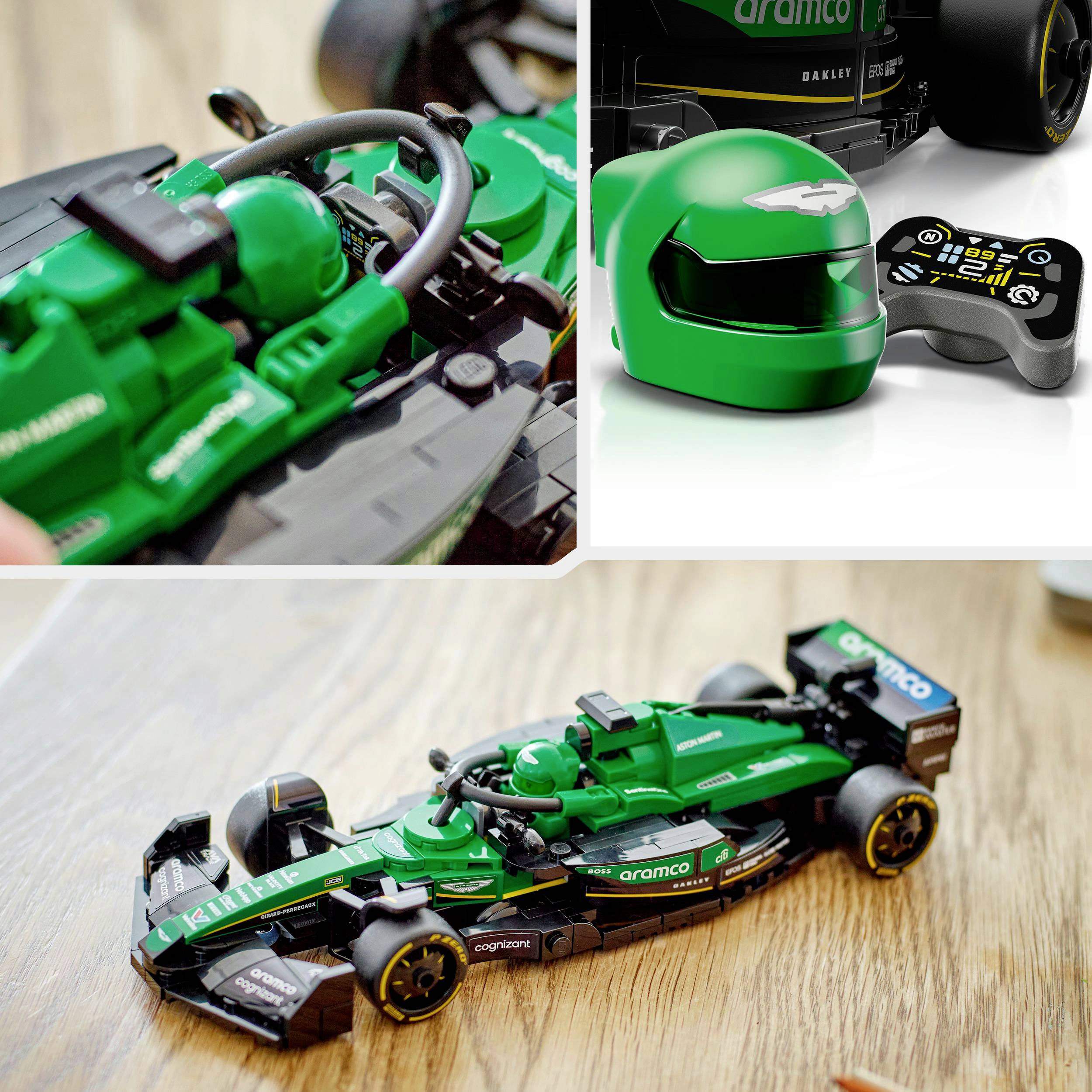 Zelené hračkárske auto vo štýle Formuly 1 s príslušnou prilbou a diaľkovým ovládačom. Detailný záber ukazuje komponenty vozidla.