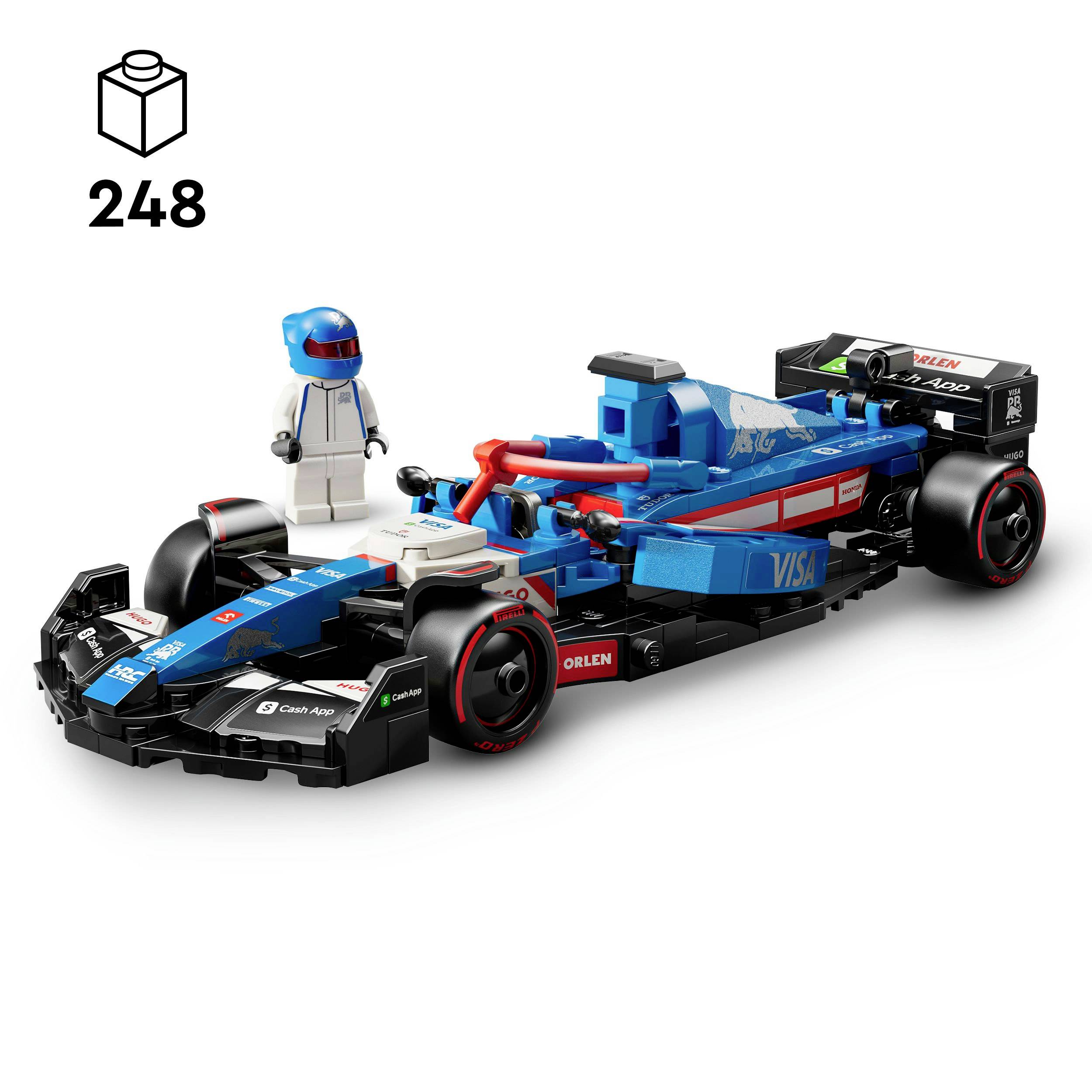 Lego súprava pretekárskeho auta s 248 dielmi, ktorá zobrazuje modrý a červený formula 1 automobil s jazdcovou figúrkou v bielom kombinézonu a helme.