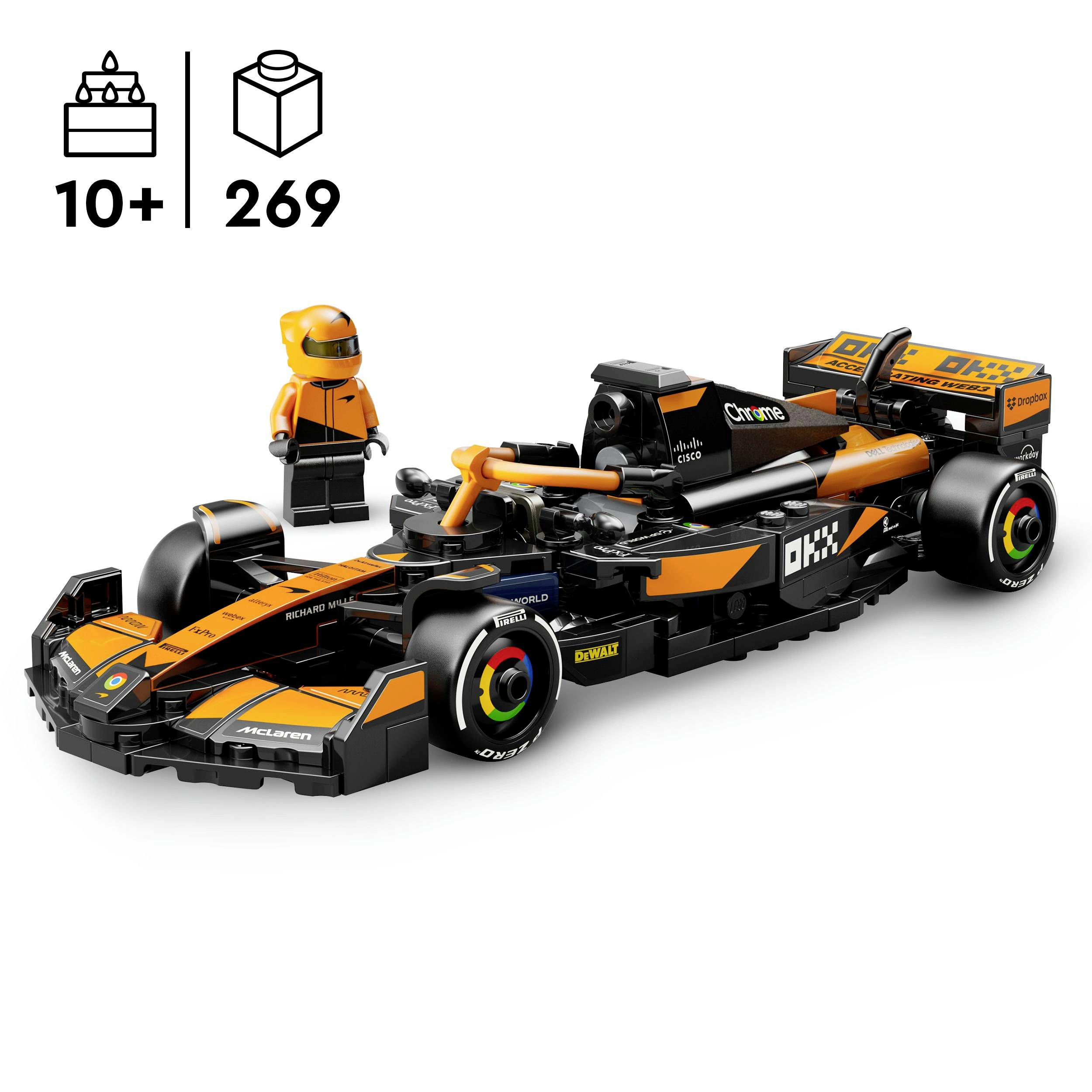 Lego pretekárske auto so šoférom, čierno-oranžové. Vhodné pre deti od 10 rokov, obsahuje 269 dielov.