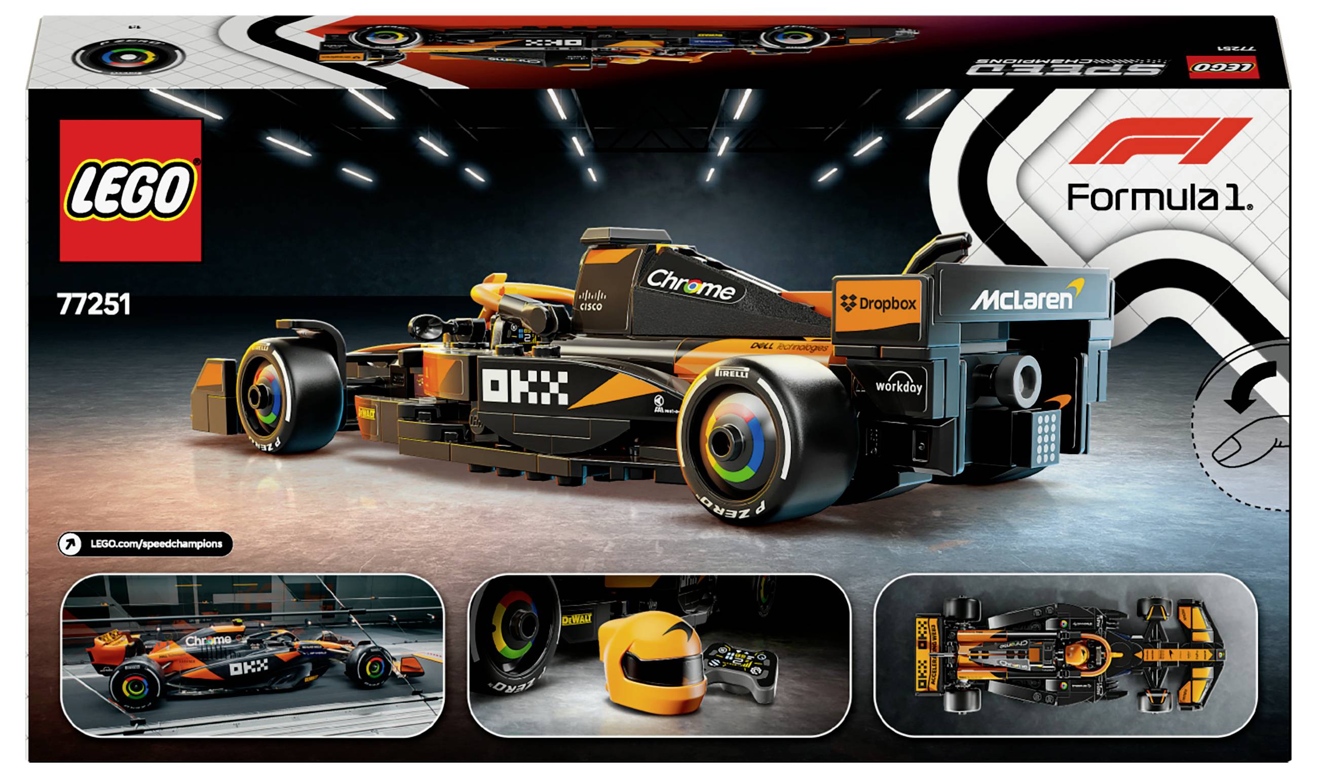 LEGO-set Formula 1 pretekárskeho vozidla. Set zahŕňa auto v oranžovej a čiernej farbe s nálepkami, logom Lego a nápisom 'Formula 1'.