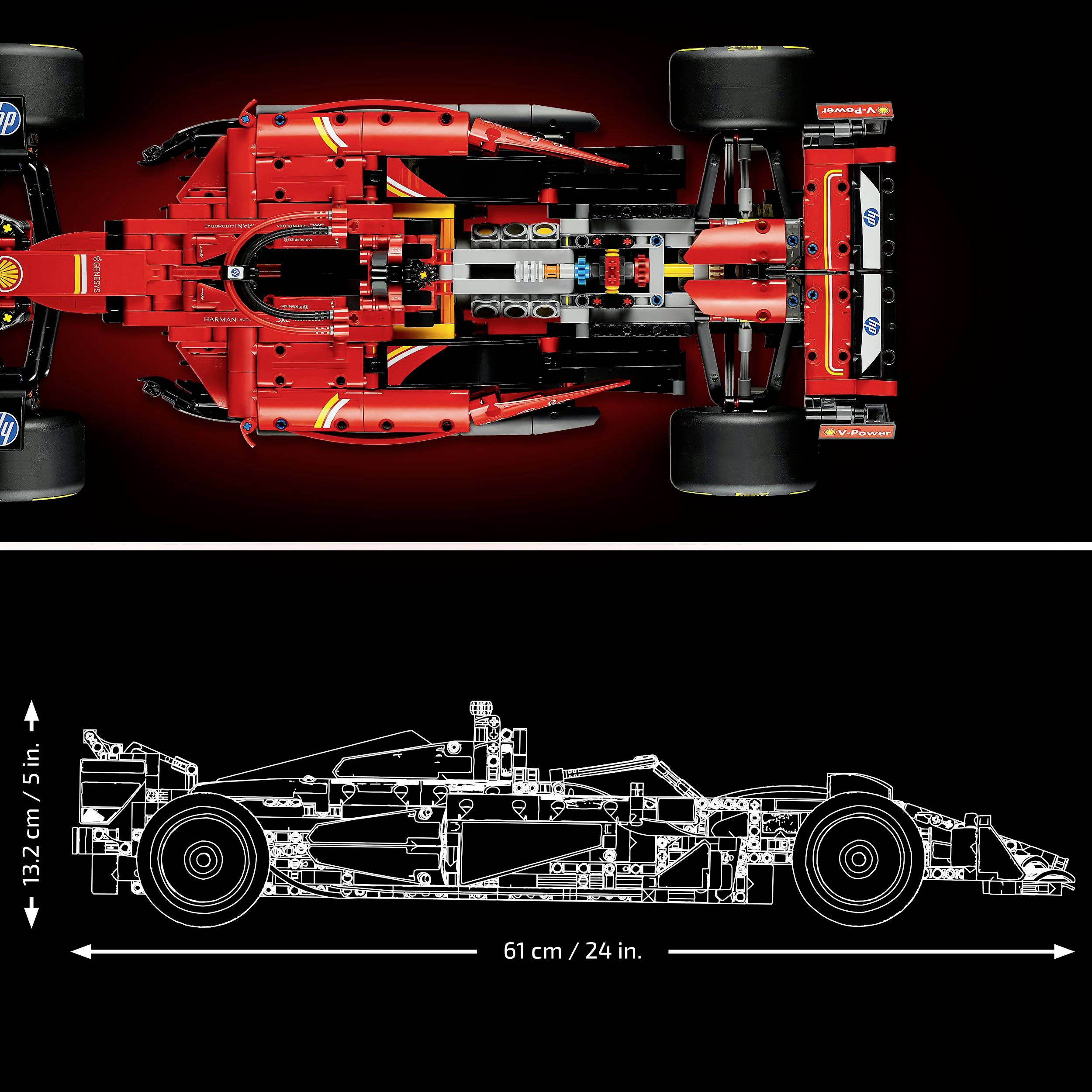'Pohľad zhora na červené Formula 1 vozidlo s detailmi umiestnenia motora. Nižšie schematický bokorys s rozmermi.'