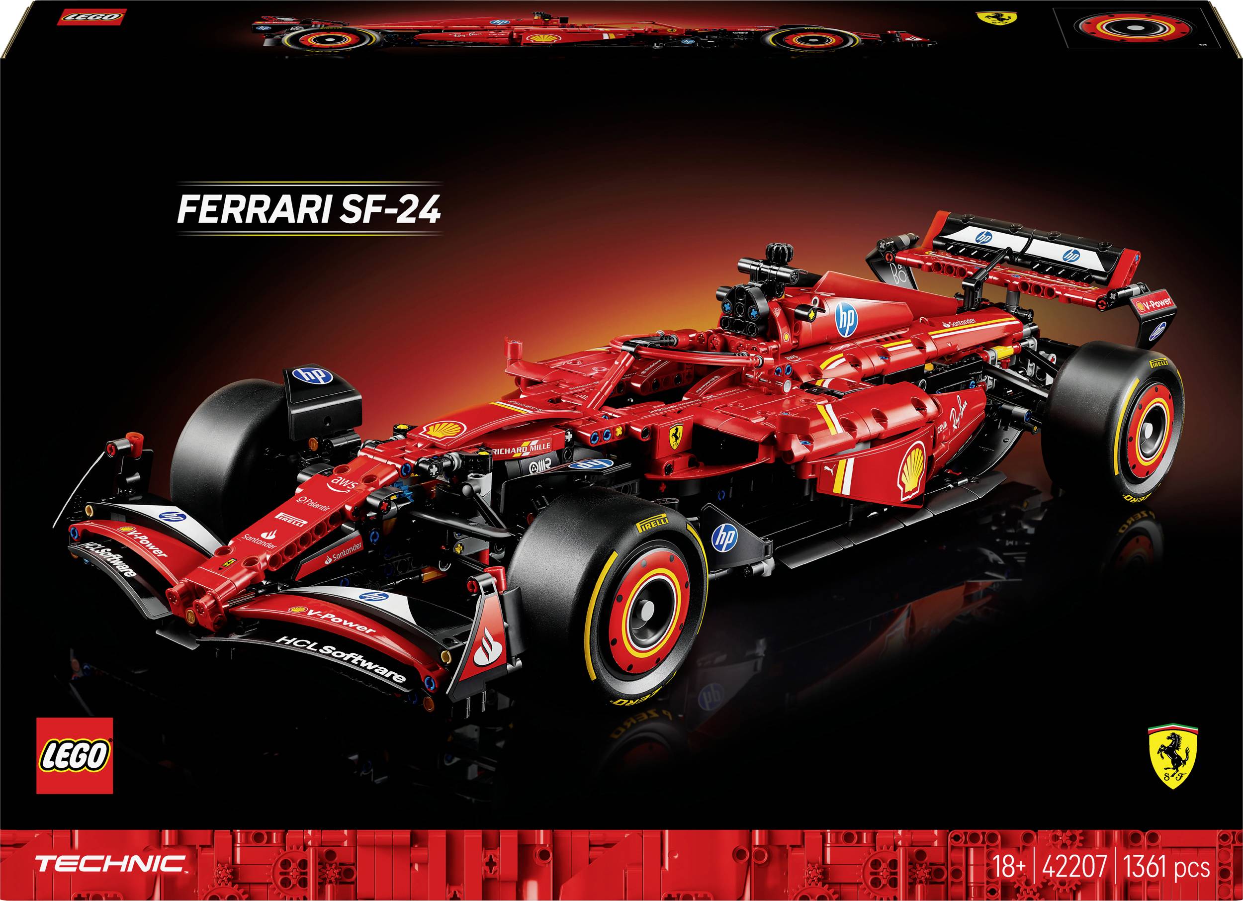 LEGO Technic set predstavuje model auta Ferrari SF-24 na čiernom pozadí. Obsahuje 1361 dielov, odporúčaný pre osoby staršie ako 18 rokov.