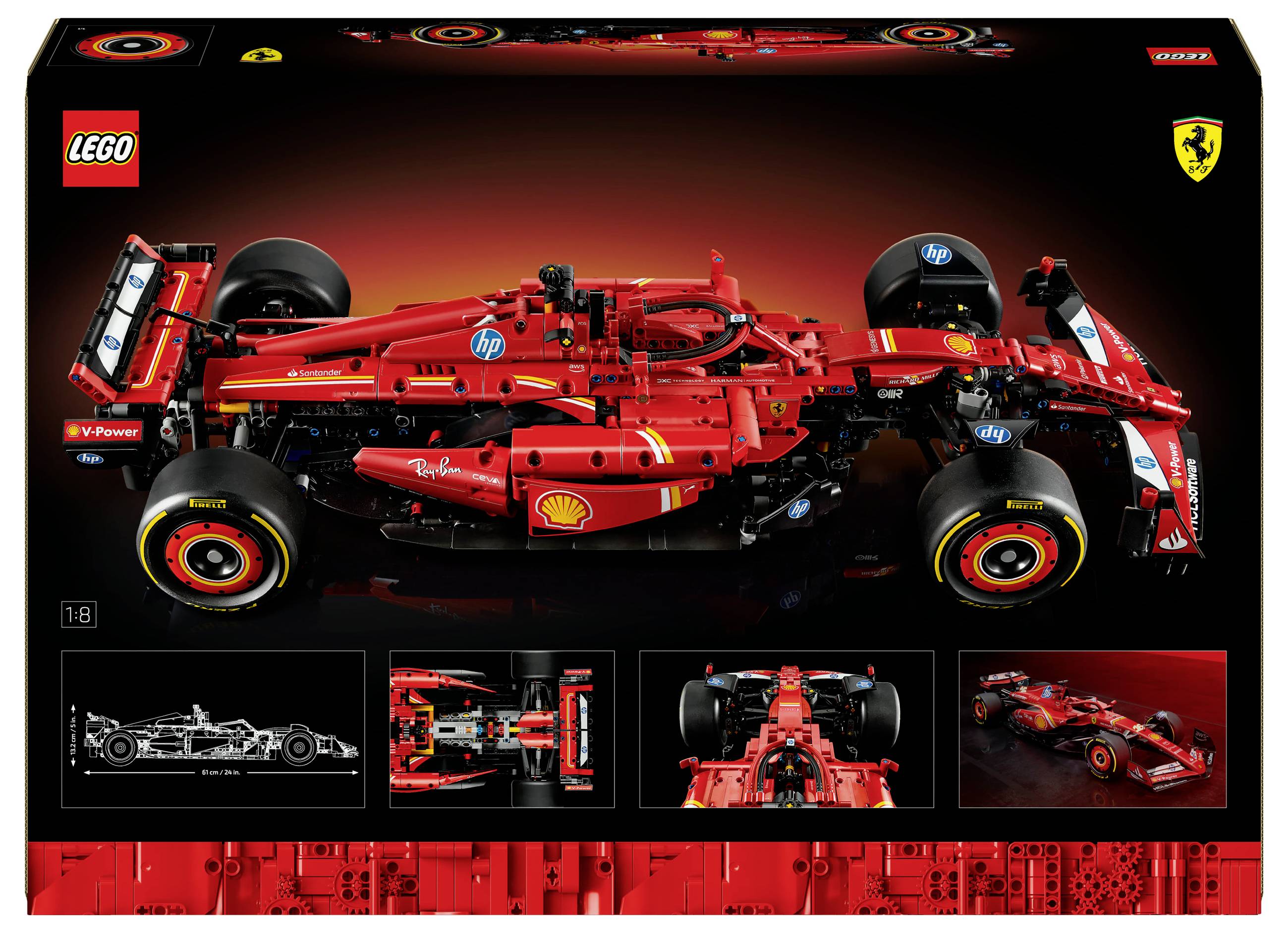 Obrázok zobrazuje detailný LEGO model pretekárskeho automobilu Ferrari zFormuly 1, prevažne v červenej farbe a s logami sponzorov.