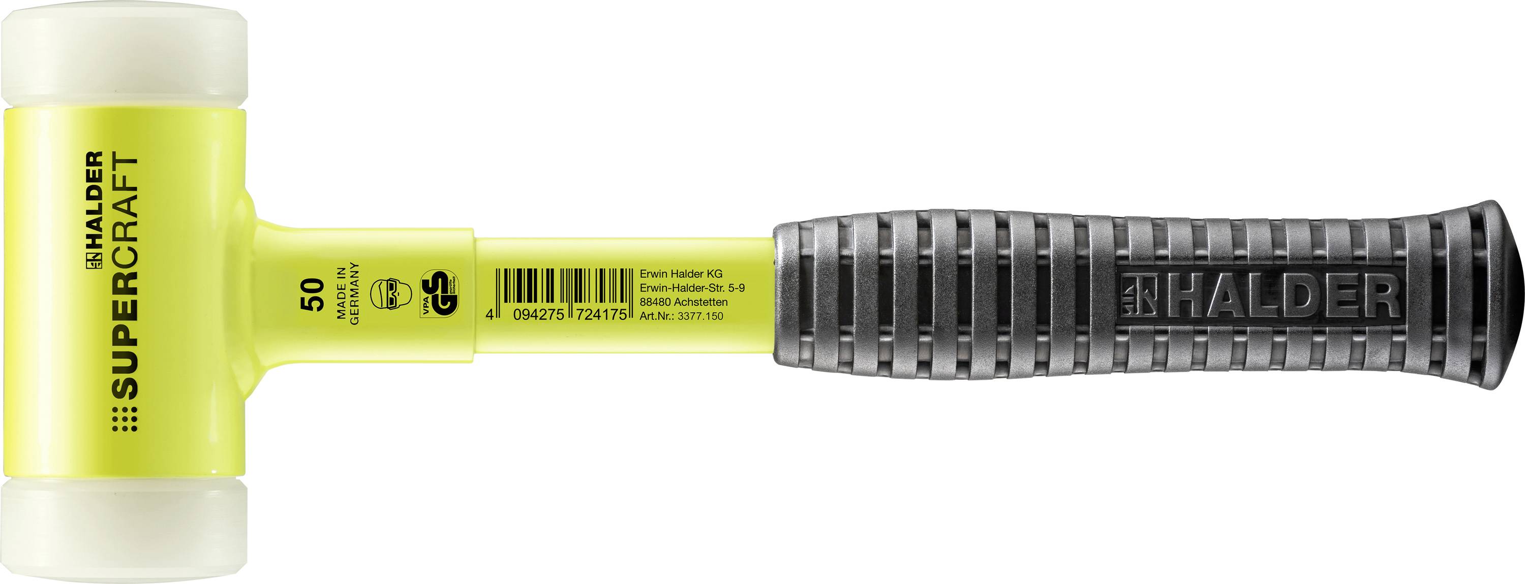 Gumové kladivo so žltou hlavou, čiernou rukoväťou a nápisom 'SUPERCRAFT'. Navrhnuté pre presné a šetrné pracovné postupy.