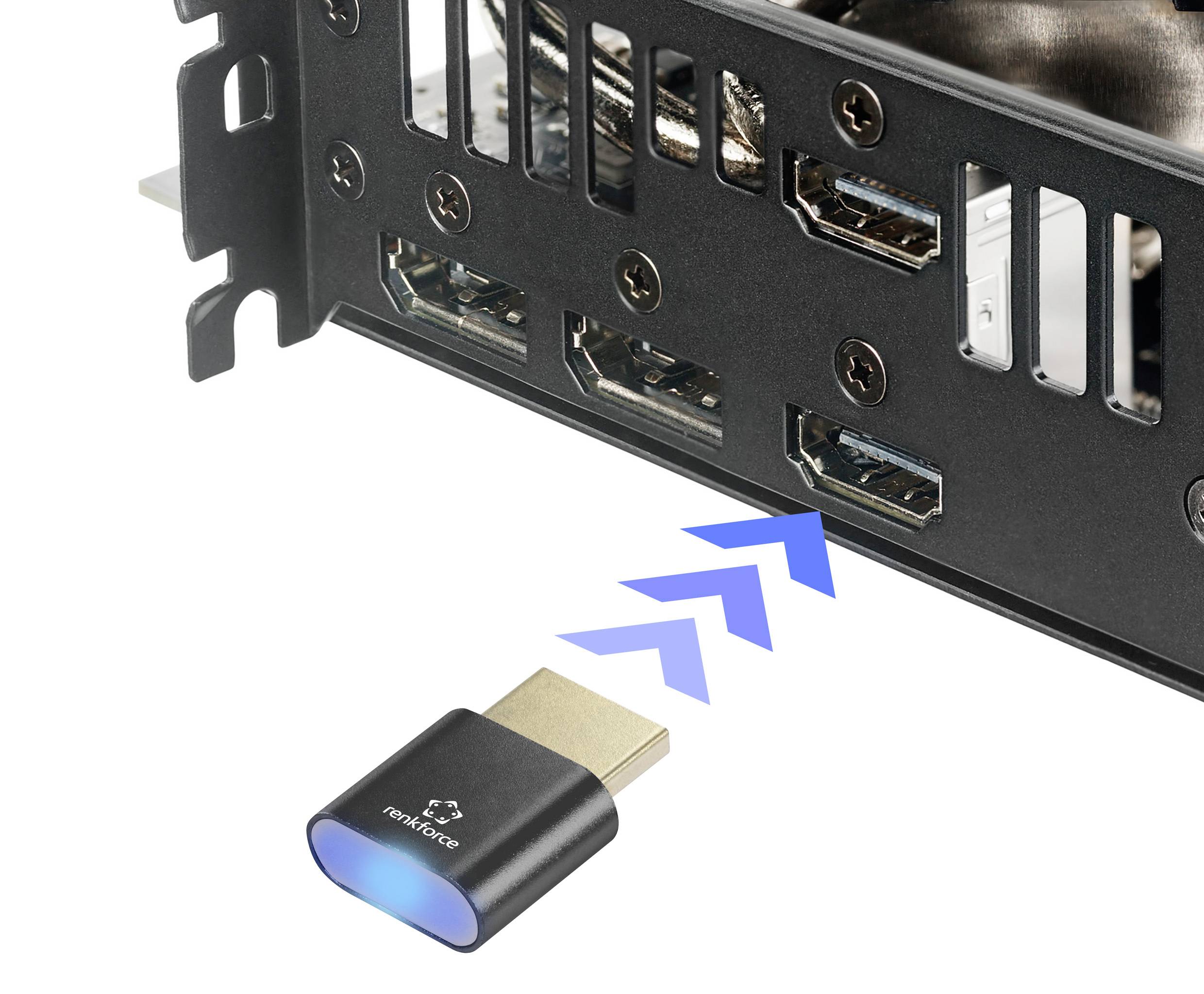HDMI adaptér sa bezdrôtovo pripojí ku grafickej karte. Adaptér znázorňuje prenos dát modrými vlnami.